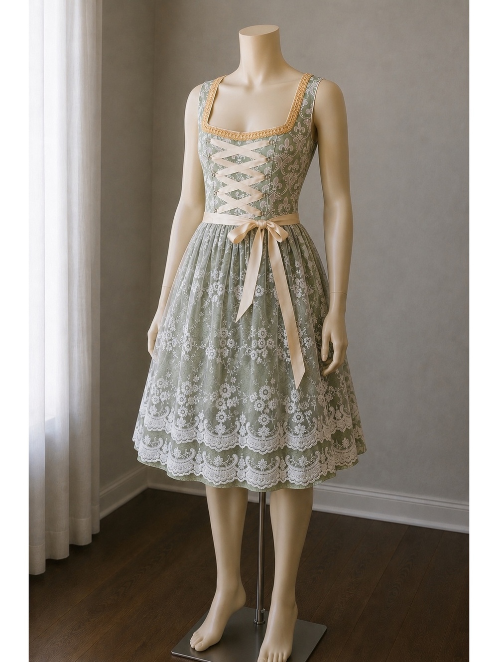 Oktoberfest Dirndl Costume Women L Green Gold Lace Apron German